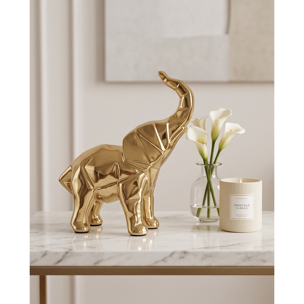 Three Hands Corp Gold Ceramic Elephant Figurine Trunk Up Lucky Decor 9 Inch